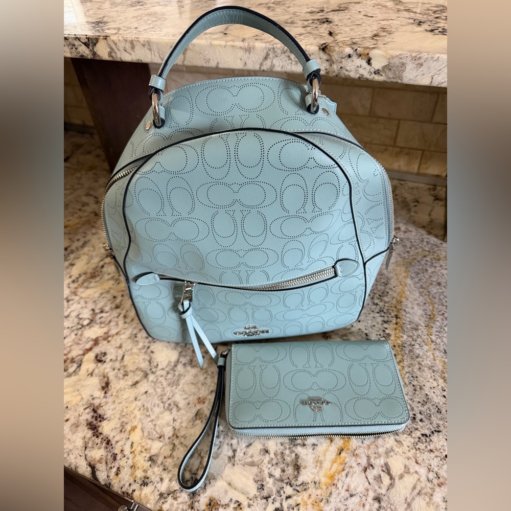 Coach Perforated Signature Light Blue Backpack with Matching Wallet